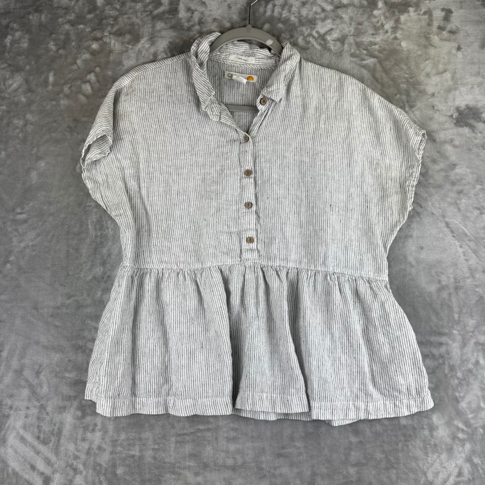 C&C California Linen Tunic Women Medium White Black Striped Peplum Top (1589)